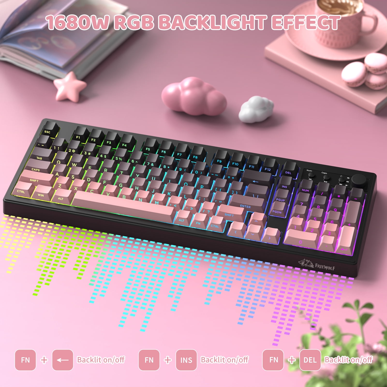 Freewolf-ZIYOULANG K100 Gaming Membrane Wireless 99 Keys Tri-Mode BT/2.4GHz/USB-C Computer Keyboard with Accessories Included, Pink