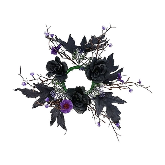 Halloween Wreath, Decorative Candle Wreath with Faux Roses and Maple Leaves, Realistic Non-Fading Artificial Flowers for Tabletop Centerpieces, Door & Wall Halloween Party Decor