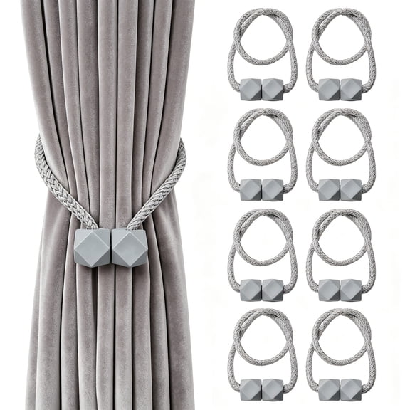 8 Pack Gray Magnetic Curtain Tiebacks, Woven Rope Curtain Holdbacks with Magnetic Closure, Decorative Curtain Ties for Modern Home, Office & Living Room