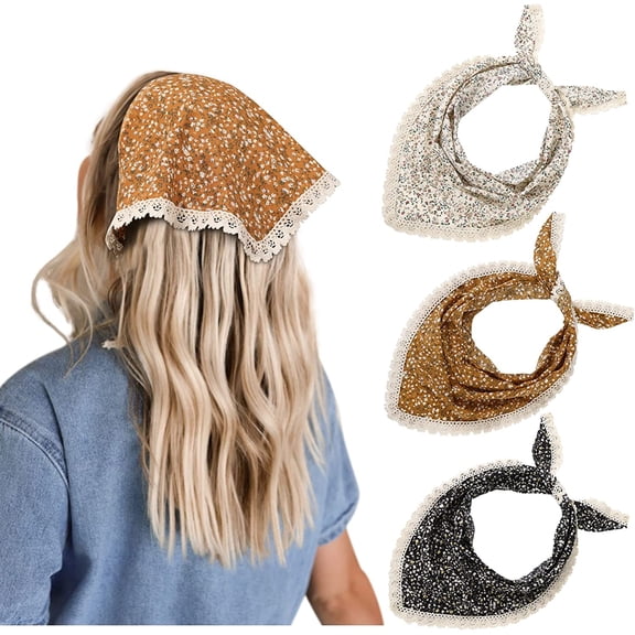 AWAYTR 3Pcs Floral Hair Bandanas Chiffon Head Kerchief Women Boho Hair Scarf Headband Triangle Head Scarf