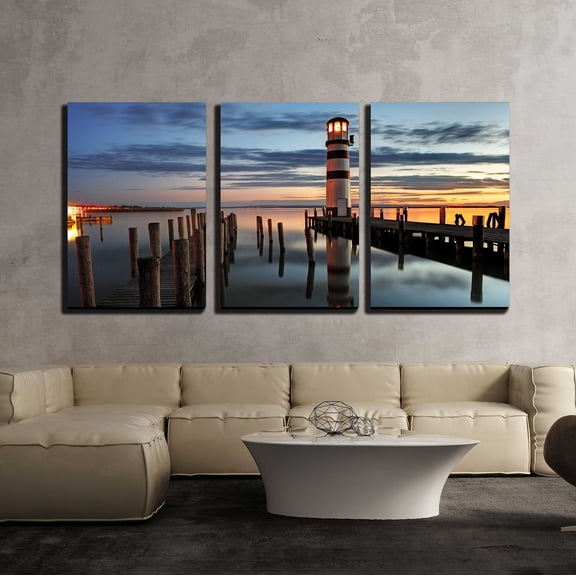 wall26 - 3 Piece Canvas Wall Art - Lighthouse at Night in Austria - Modern Home Art Stretched and Framed Ready to Hang - 16"x24"x3 Panels
