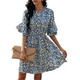 thumbnail image 5 of hirigin Women Summer Flower Print Dress, Flare Half Sleeve Round Neck Tunic Mini A-line Dress for Beach, Date, 5 of 9