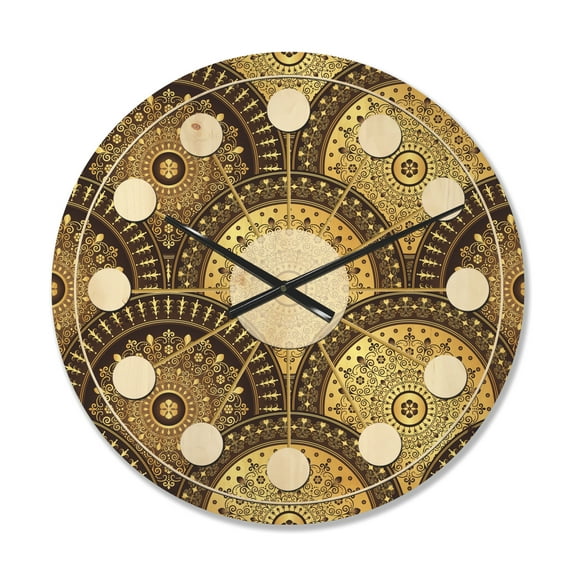 Designart 'Golden Circular Retro Pattern I' Mid-Century Modern Wood Wall Clock