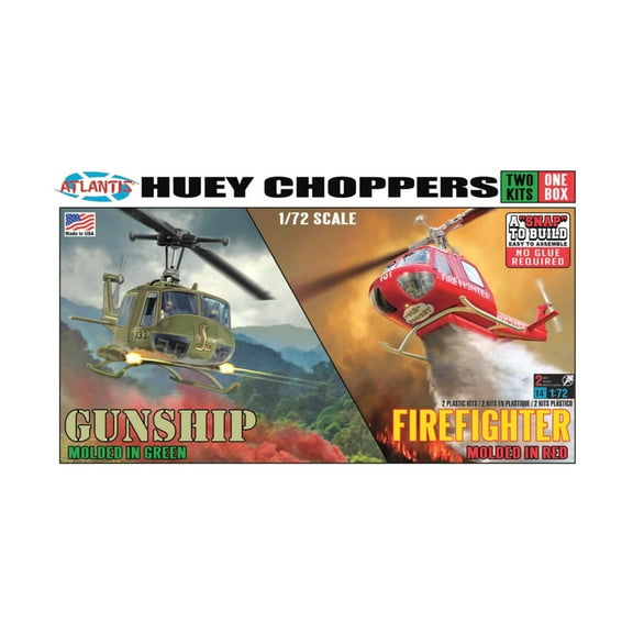 Atlantis Models Huey Choppers (2): US Army Gunship & Firefighter Helicopter (Snap)
