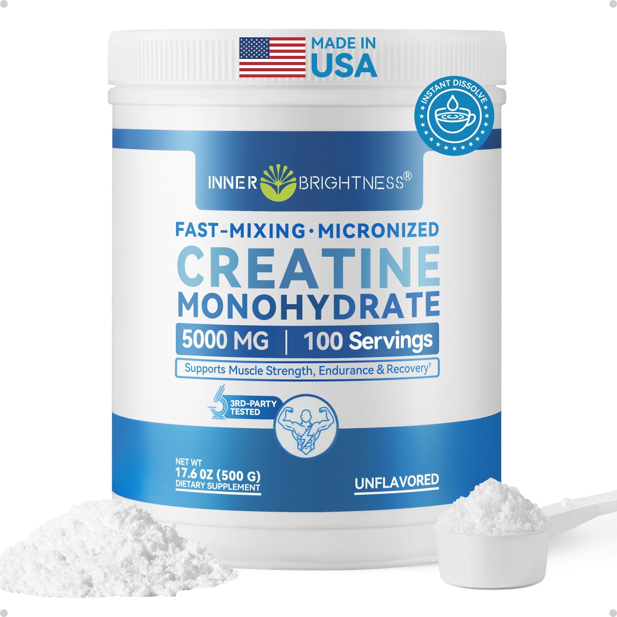 Inner Brightness 5000mg Micronized Creatine Monohydrate Powder 100 Servings, 600-Mesh Gentle Digestion Muscle Strength Supplement, Unflavored 3-Month Supply