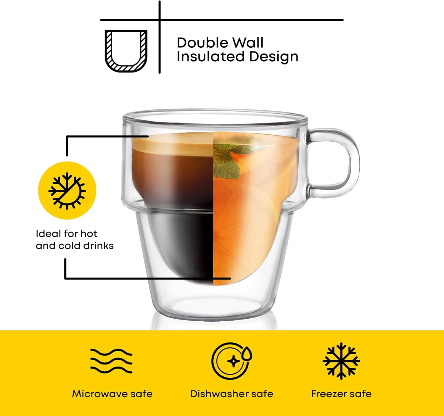 Stoiva Double Wall Insulated Espresso Glass Cups – 5 oz. (150 ml) Shot Cup with Handle – Stackable Thermal Clear Glass Cups, Fit for Espresso Machine and Coffee Maker – Set of 4