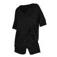 thumbnail image 6 of Women's 2 Piece Summer Outfit Set, Casual Oversized V Neck T-Shirt & High Waisted Biker Shorts, Lounge Wear Shorts Set, Workout Yoga Clothes Black L, 6 of 7
