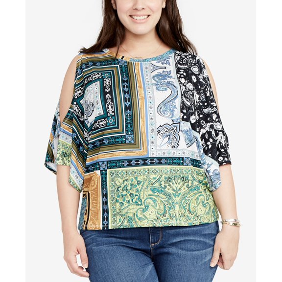 Rachel Rachel Roy Trendy Plus Size Printed Cold Shoulder Top Citron Aura Combo 3X