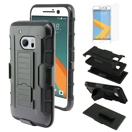 24k Layered - FINCIBO Dual Layer Hybrid Robot Case Cover Stand TPU Holster for HTC 10 One M10, Black/Black