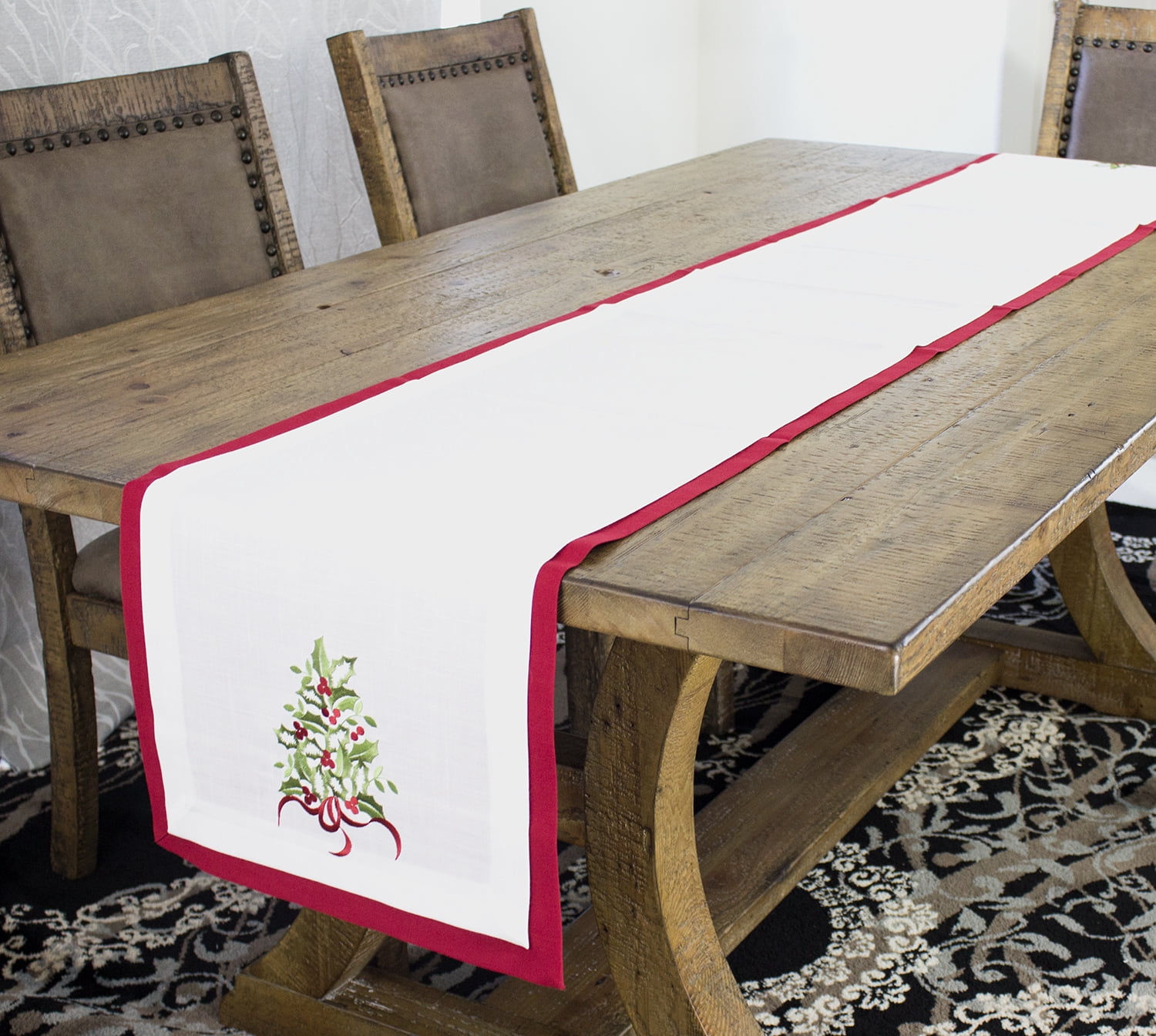 Embroidered Holly Christmas Tree Double-Layer Holiday Decorative Table Runner (Red+White Runner 16"x78")