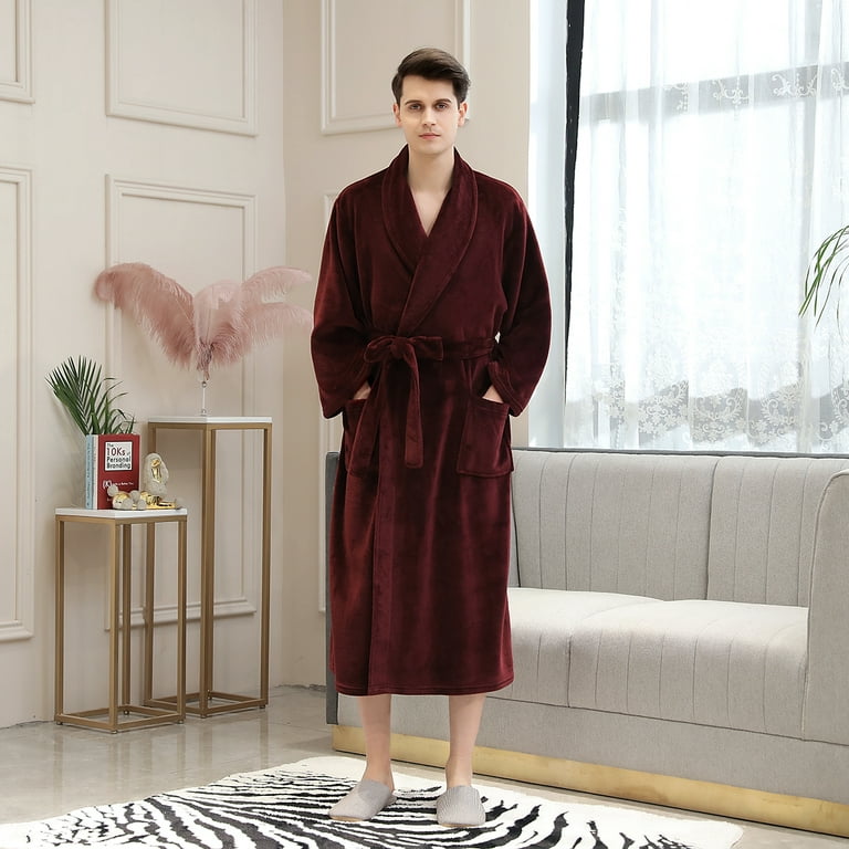 TOPCHANCES Men Women Couple Warm Flannel Shawl Long Bathrobe Lengthen  Thicken Hooded Homewear Sleepwear Kimono Robe Coat , Autumn and Winter 