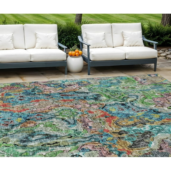 HomeRoots 588459 8 x 10 ft. Abstract Washable Indoor & Outdoor Rectangle Area Rug, Orange & Teal Blue