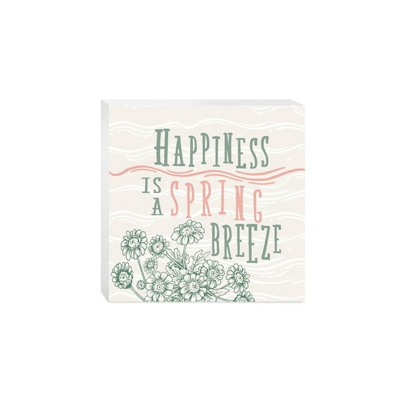Happiness Spring Breeze Green Floral 10 x 10 Wood Tabletop Sign Plaque