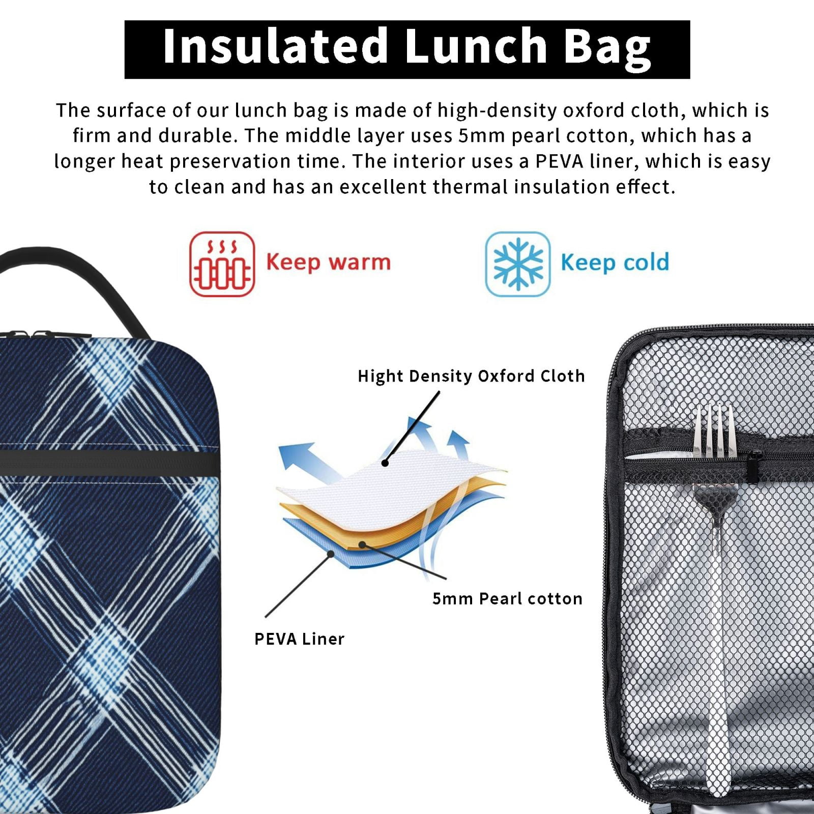 Lunch Bag For Women Men Insulated Portable Lunch Box Bento Box Office Picnic Travel Cooler Bag Argyle Plaid Deepskyblue_4