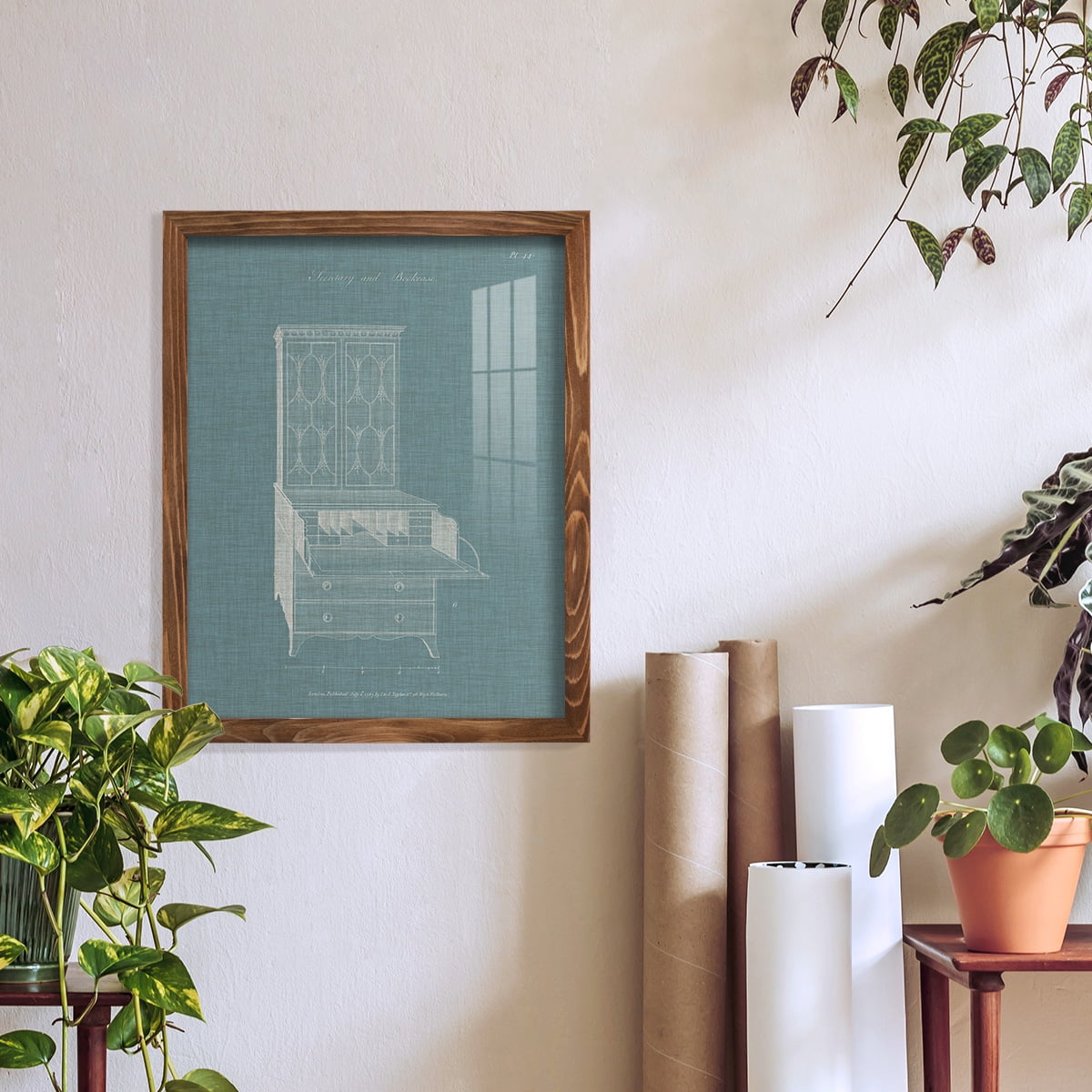 Hepplewhite Desk & Bookcase I - Framed Print w/glass - Walnut