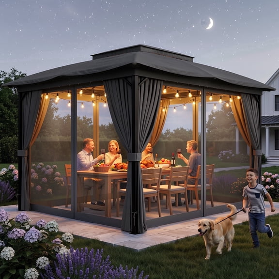 10x12 Outdoor Gazebo with Heavy Duty Steel Frame, Double Tier Roof, Zippered Curtains & Mosquito Netting, Noelse Patio Gazebo for Backyard, Gray