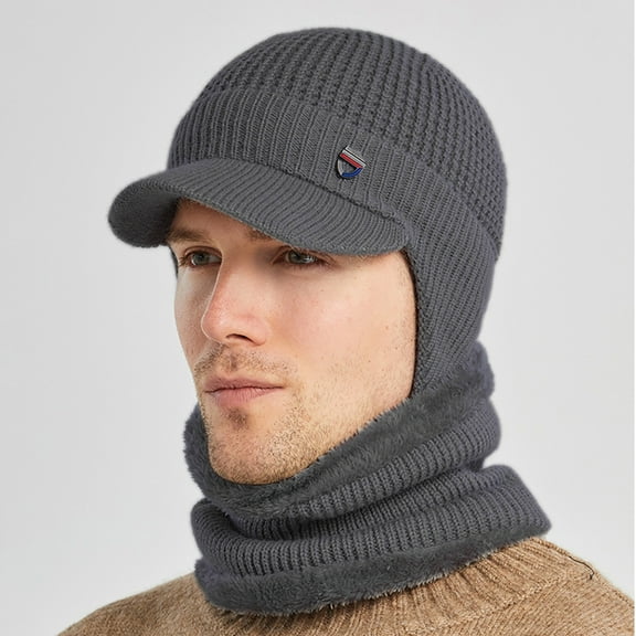 dianhelloya Warm hat 1 Set Men Hat Scarf Solid Color Short Brim Dome Thickened Plush Lining Coldproof Winter Stretch Knitted Hat Outdoor Wear Light Grey