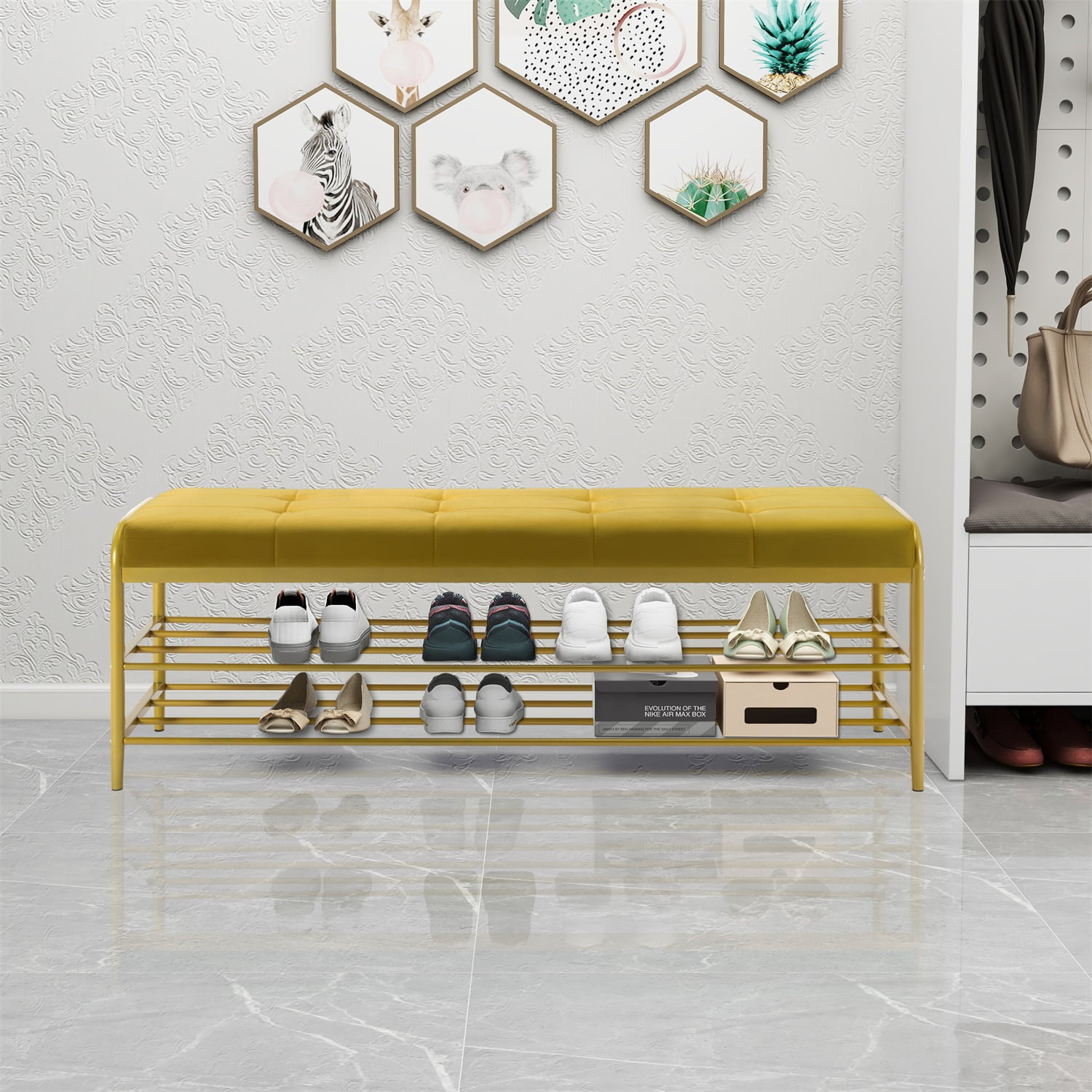 Kadyn Shoe Storage Bench, Coat Rack Shoe Bench with 2 Shelves, Large Shoe Rack Bench for Entryway, Yellow Kadyn Shoe Storage Bench, Coat Rack Shoe Bench with 2 Shelves, Large Shoe Rack Bench for Entryway, Yellow