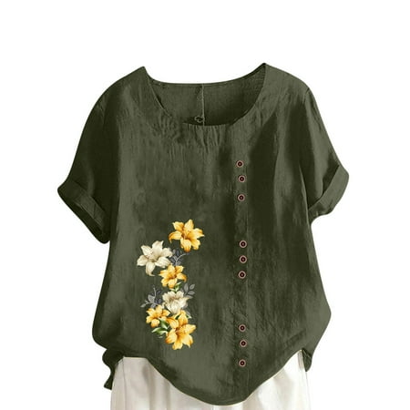 

Sentuca Blouses for Women Fashion 2023 Floral Print Tops Loose Fit Casual Short Sleeve Round Neck Corset Tops Army Green S