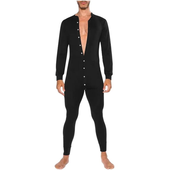 jsaierl Men's Onesie Pajamas Long Sleeve One Piece Solid Button Down Jumpsuit Romper Sleepwear
