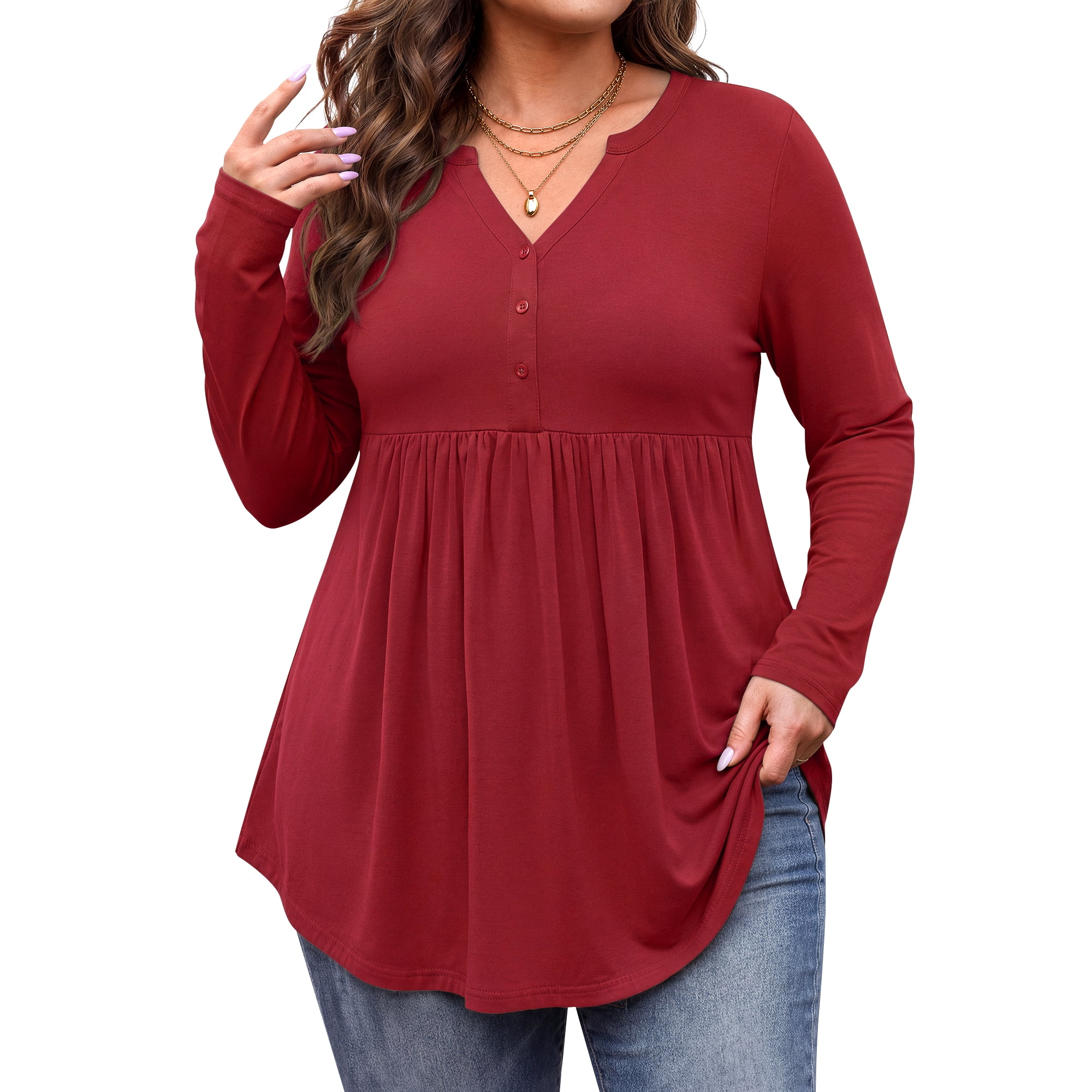WellSize Plus Size Blouses for Women V Neck Curved Hems Tunic Tops Casual Long Sleeve Botton Fall Shirts