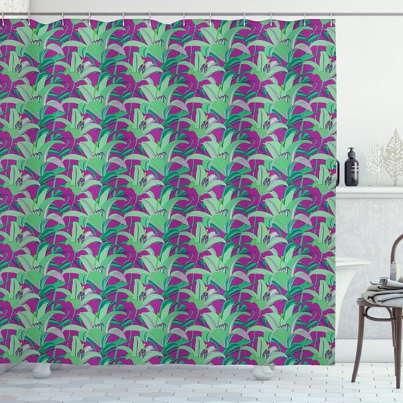 Floral Shower Curtain, Close Up Silhouettes of Blossoming Hawaiian Plantation, Fabric Bathroom Set with Hooks, 69W X 70L Inches, Dark Magenta Sea Green Lilac and Teal, by Ambesonne