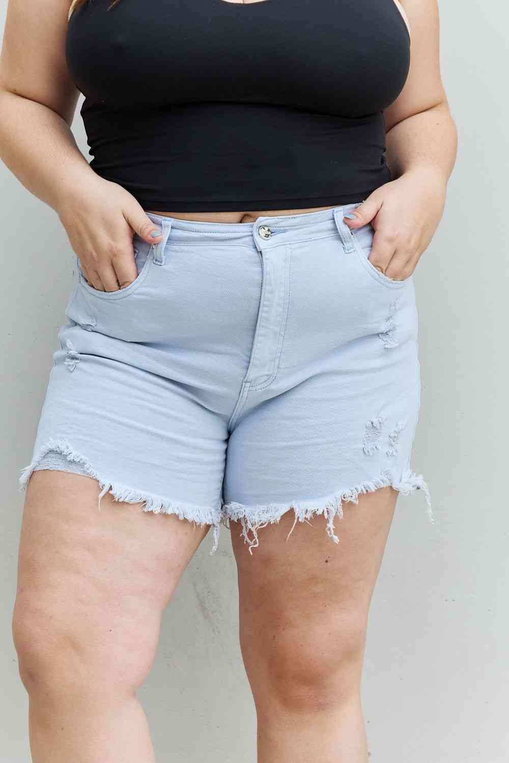 RISEN Katie Full Size High Waisted Distressed Shorts in Ice Blue ...