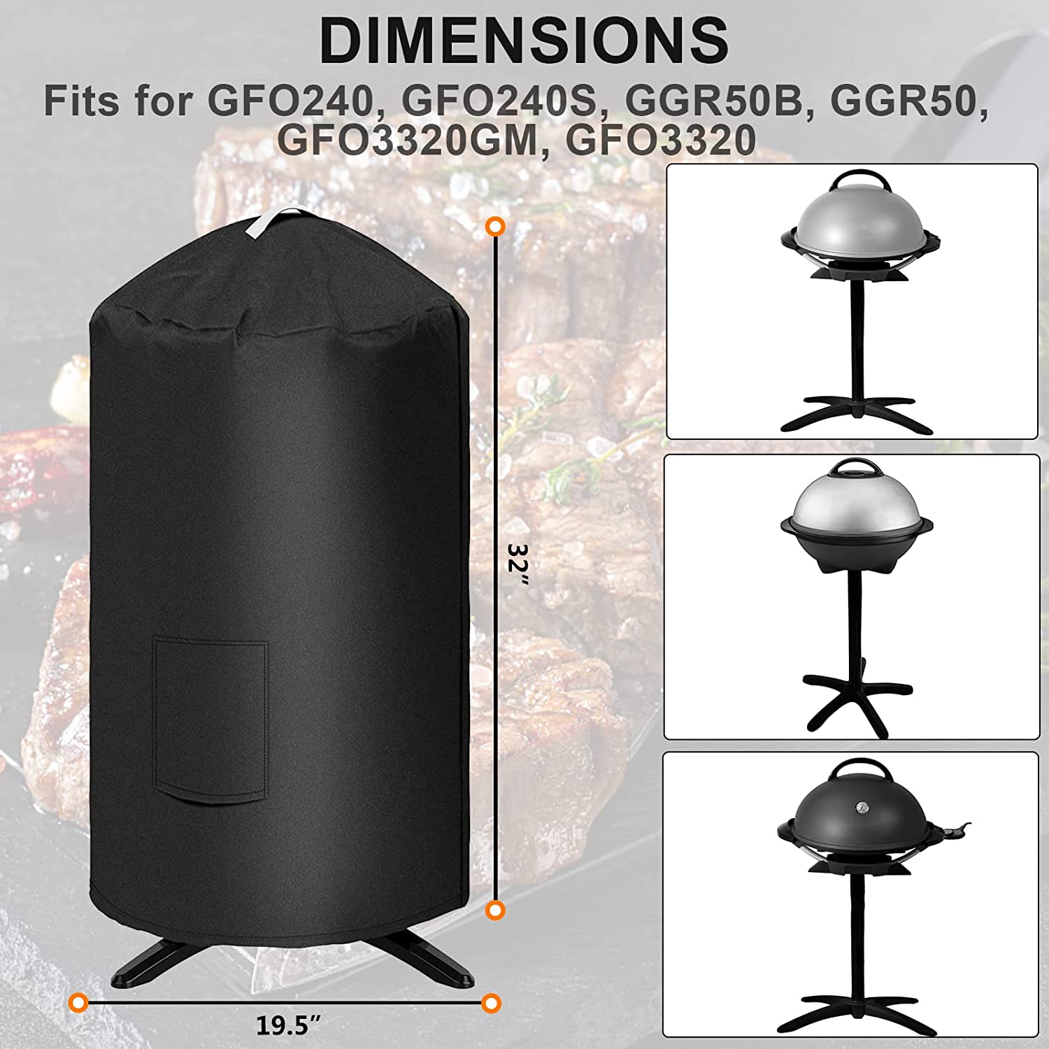 Grisun Grill Cover for George Foreman GGR50B, GFO3320, GFO240 Electric Grill, Anti-Fade Waterproof Round Grill Cover, Handle for Easy Taking Off, Full-Length Wrap Protection - image 2 of 7