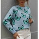 thumbnail image 4 of Jersey para mujer, suéter con cuello redondo, estampado, manga larga, dobladillo suelto, Top de punto acanalado para mujer, azul, XL, 4 of 7