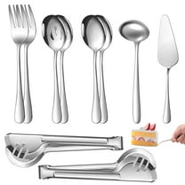 10 Pcs Stainless Steel Serving Utensils, Large Serving Spoons, Slotted Spoons, Serving Forks, Soup Ladle, Cake Server, Food Tongs, Silver Metal Utensils for Buffet, Catering, Banquet, Party
