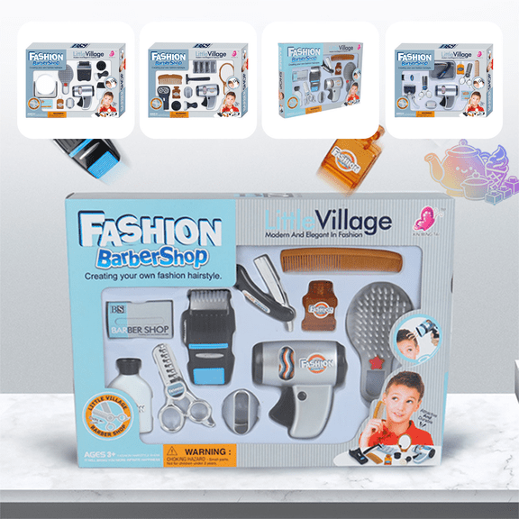 Kids Pretend Barber Shop Playset, Simulation Hair Styling Kit with Toy Hair Dryer, Clippers and Barber Accessories, Salon Pretend Play House Toys, Role Play Toy for Kids Ages 3 and Up