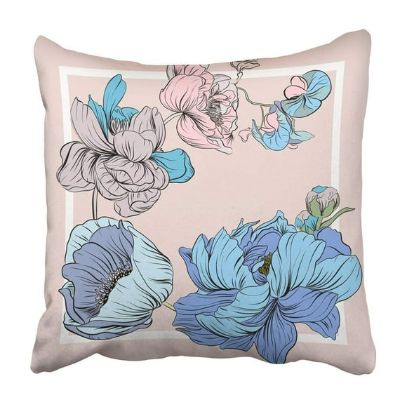 RYLABLUE Colorful Silk Scarf With Flowering Poppy Orchid And Peonies White Blue Violet On Pink Pillowcase Cover 18x18 inch