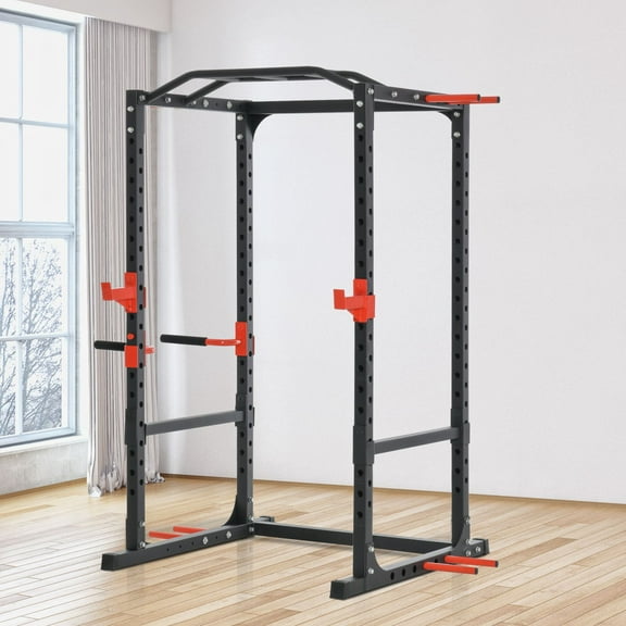 Soozier Power Tower Squat Cage, Adjustable Multi-Function Home Gym Weightlifting Exercise Workout Station, Black