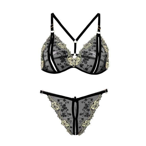 Gibobby Conjunto de lenceria de encaje Mujeres Sexy Malla de Encaje Floral Bordado Liga ligada Lenceria Ropa Interior Conjuntos de lenceria Sexy Negro Talla unica Bodega Aurrera en linea