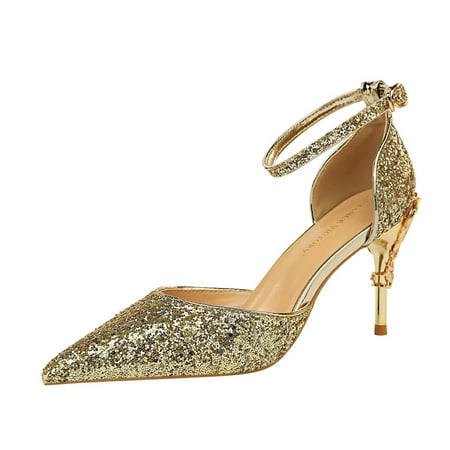 ROMANCE VICTORY Women s Shiny Sequins Buckle Pointed Toe High Heels Pumps Wedding Party Prom Shoes
