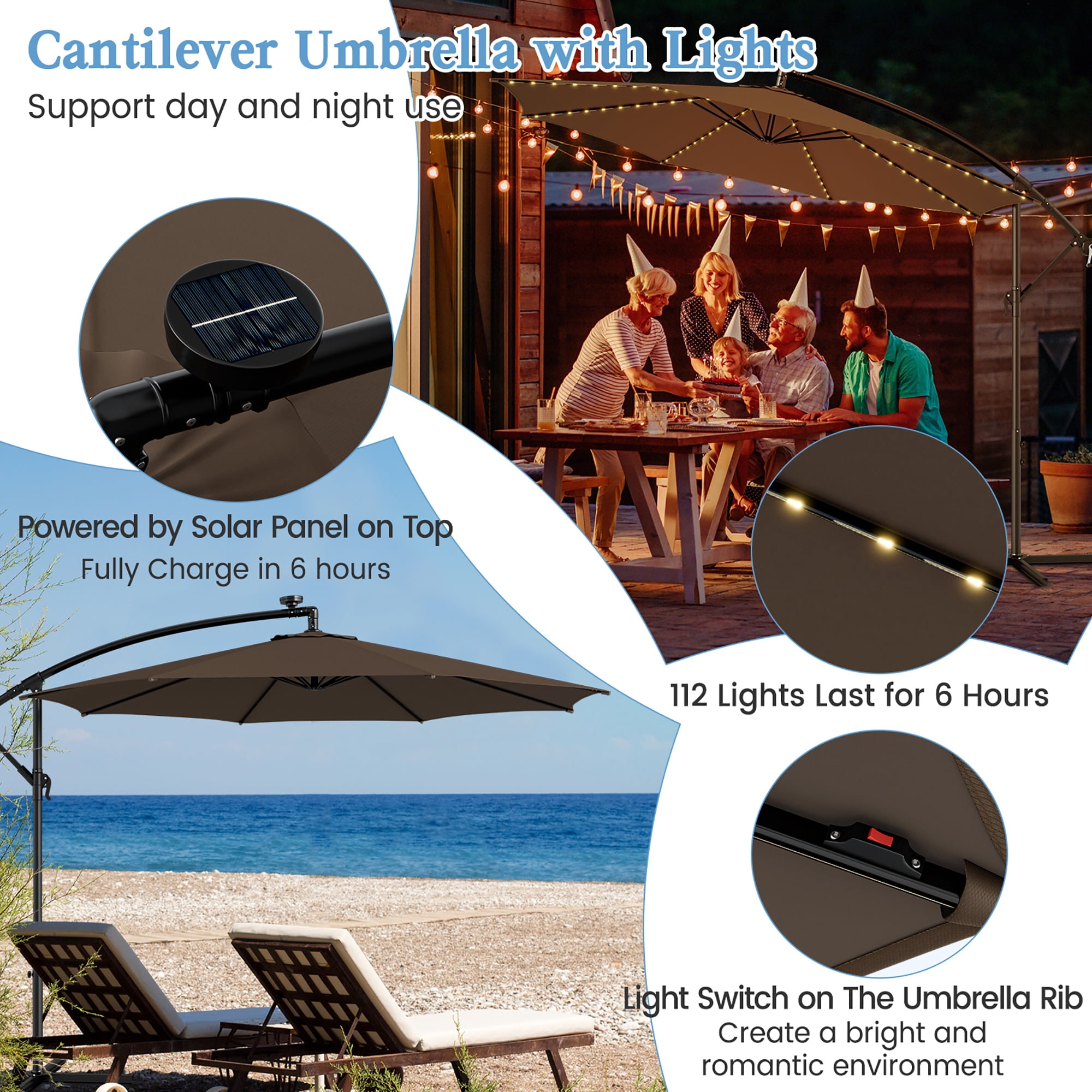 Gymax 10 FT Offset Patio Umbrella Solar Powered Cantilever Umbrella w/ 112 LED Lights Coffee