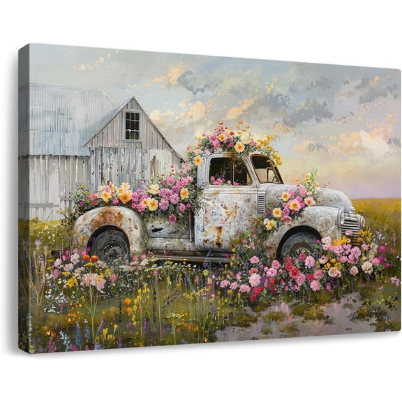 Rustic Farmhouse Barn Canvas Wall Art Framed Misty Countryside Field Landscape Painting Rusty Old Truck Loaded With Flowers Picture Prints for Bedroom Living Room Office Decor 16x12in