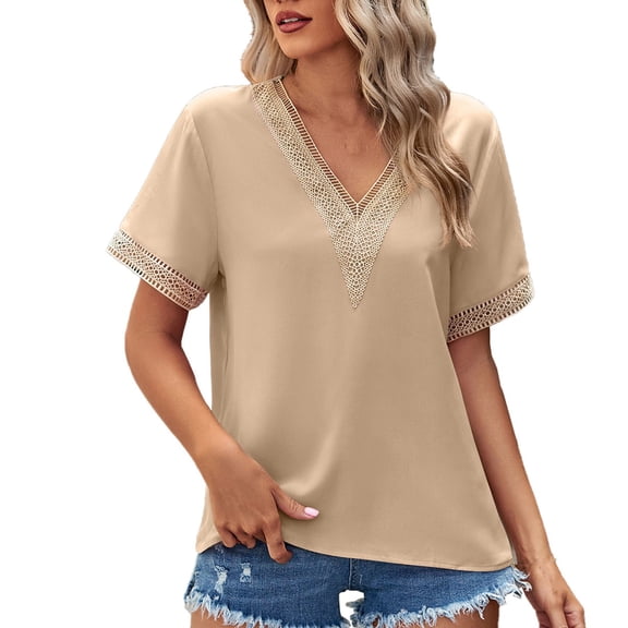 Mittory Women's Casual Petal Short Sleeve Contrast Lace V Neck Summer Tee Blouse Tops