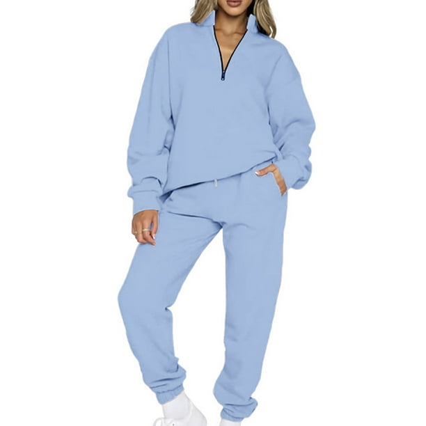Avamo Ladies Tracksuit Set V Neck Jogger Sets Solid Color Two Piece Outfit  Breathable Sweatshirt And Sweatpant Sports Sweatsuits Light Blue XL 