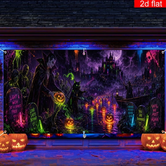 Elyvra 3x5ft Halloween Blacklight Tapestry UV Reactive Neon Vampire Dracula Glow Black Cat Tombstone Castle Party Backdrop Banner