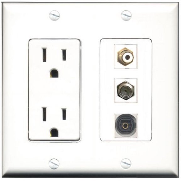 RiteAV - 15 Amp Power Outlet 1 Port RCA White 1 Port Coax 1 Port Toslink Decorative Wall Plate