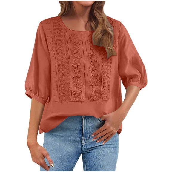 XPMWRP Womens 3/4 Length Sleeve Tops Dressy Casual Crew Neck Embroidered Summer Top Pleated T-Shirts Loose Fit Work Blouses Orange XXL