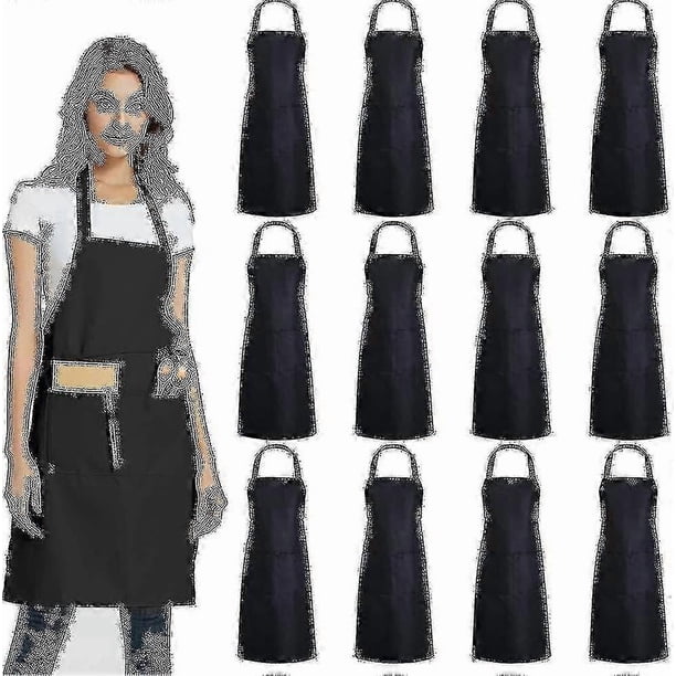 12 Pack Plain Bib Aprons With 2 Pockets - Black Unisex Commercial Apron Bulk (ruigou)