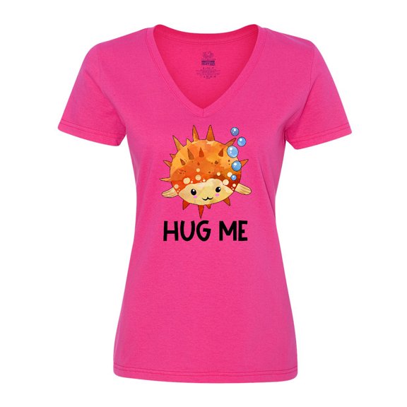 Inktastic Hug Me Cute Pufferfish with Bubbles Women's V-Neck T-Shirt