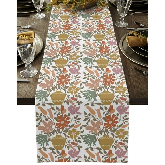 Table Runner Dresser Scarves 60 Inch Long, Abstract Flower Leaves Sketch Vase Linen Dining Table Runners Botanical Floral on White Tabletop Scarf for Wedding Holiday Party Kitchen