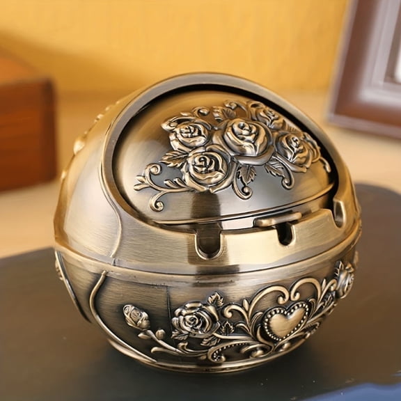 2 Colors Available, Retro Ashtray With Lid To Prevent Smoke Smell, Retro Champagne Metal Decoration Personality Trend Outdoor Indoor Ashtray, Suitable For Home Bar, Bronze Red Copper Color Available