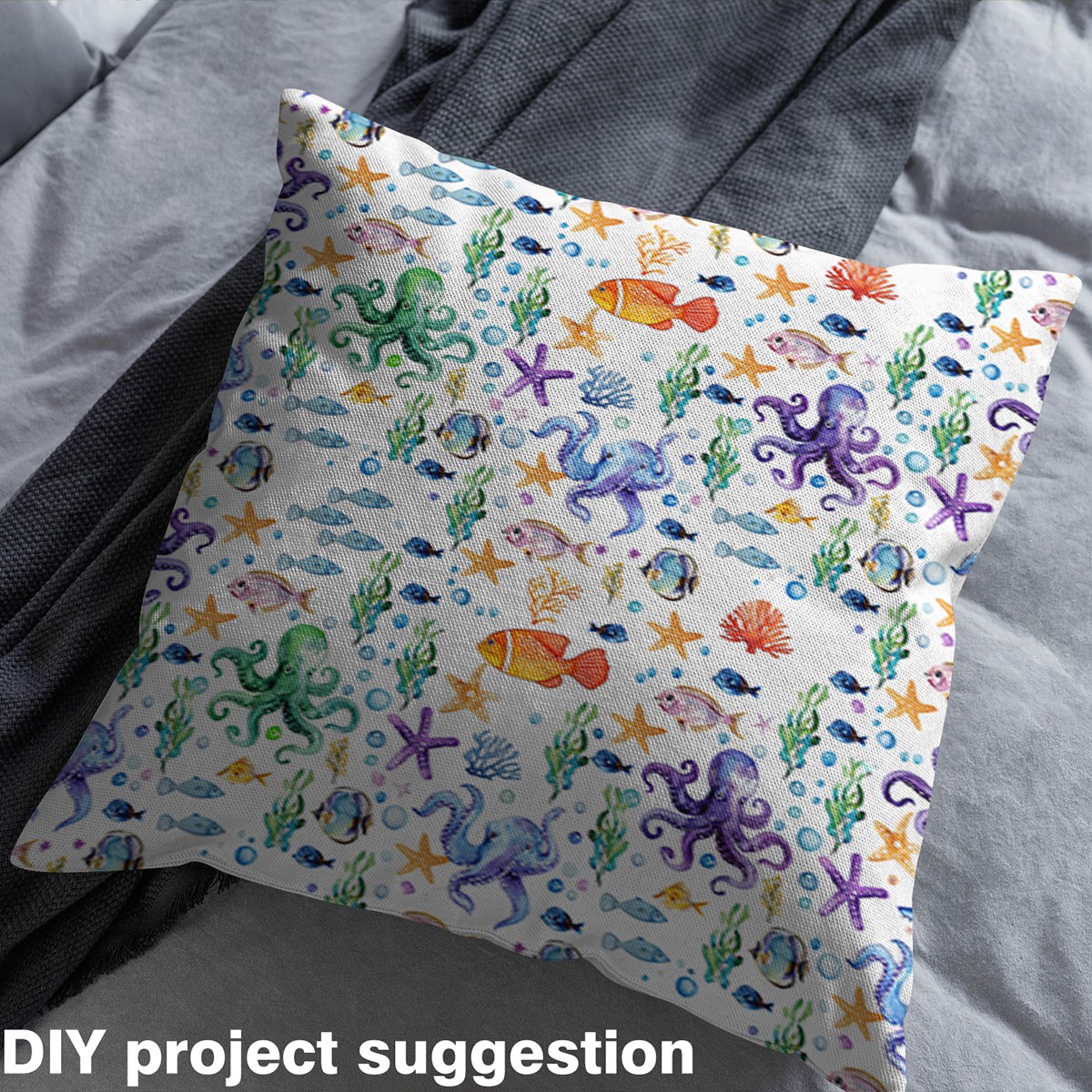 jejeloiu Cartoon Sealife Fabric by the Yard 3 Yards, Octopus Fish Starfish Sewing Fabric, Seaweed Coral Conch Fabric for Sewing, Microfiber Bedroom Decor