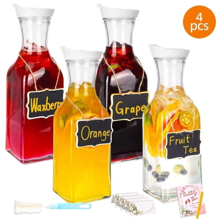 WFPXAMLZZMD Set Of 4 Glass Carafe With Lid, 1.5 Liter Beverage Serveware Carafe, Clear Glass Pitcher for Mimosa Bar, Brunch, Cold Water, Juice, Milk, Iced Tea, Lemonade