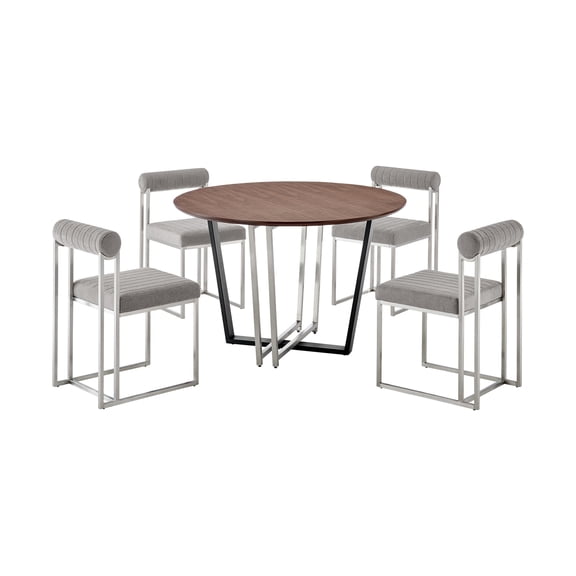 Joana Anastasia 5 Piece Round Walnut Dining Set Light Gray Fabric