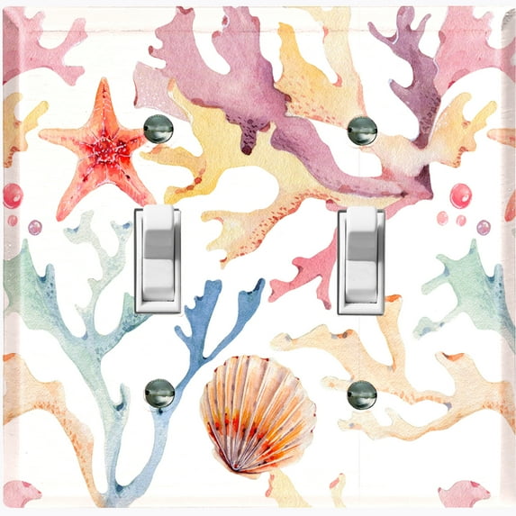 Metal Light Switch Wall Plate Outlet Cover (Colorful Ocean Sea Coral Reef Shell Clam White - Double Toggle)
